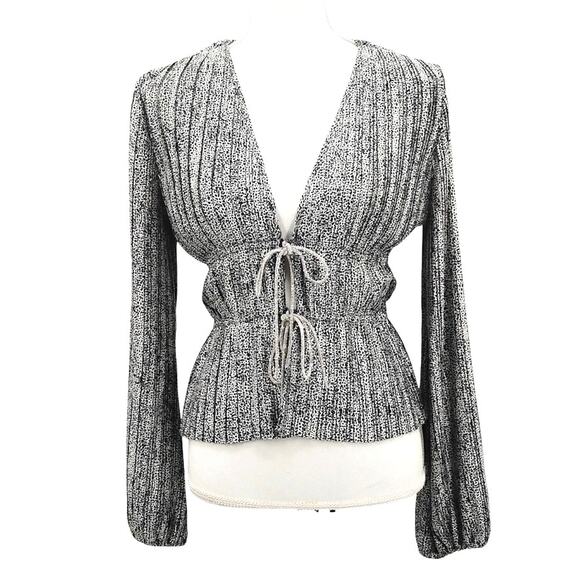 WAYF Payton Plunge Neck Rhinestone Tie Blouse Top Black White Animal Print Small - Picture 2 of 7